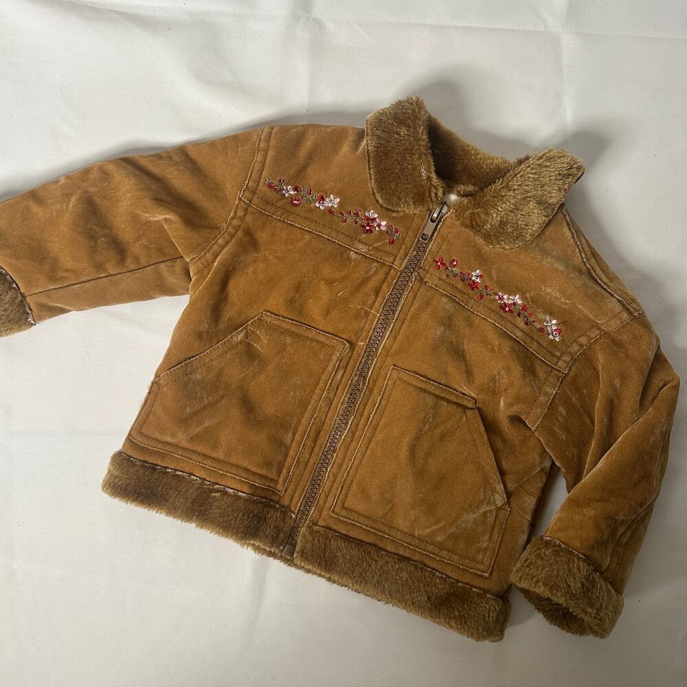 Vintage B.T. Kids Floral Embroidered Brown Faux Fur Suede Jacket / Coat Sz 18 mo - Picture 2 of 9